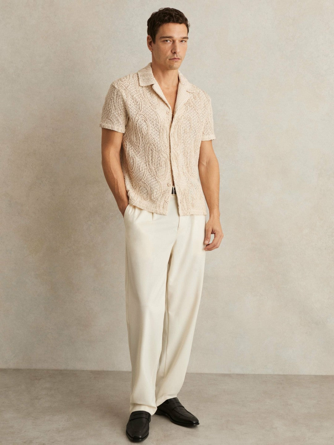Reiss Cotton-Blend Embroidered Crochet Shirt in Oatmeal