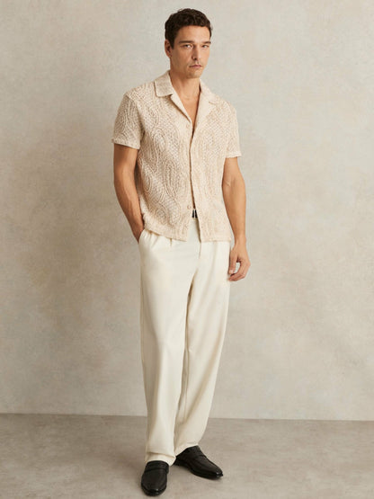 Reiss Cotton-Blend Embroidered Crochet Shirt in Oatmeal