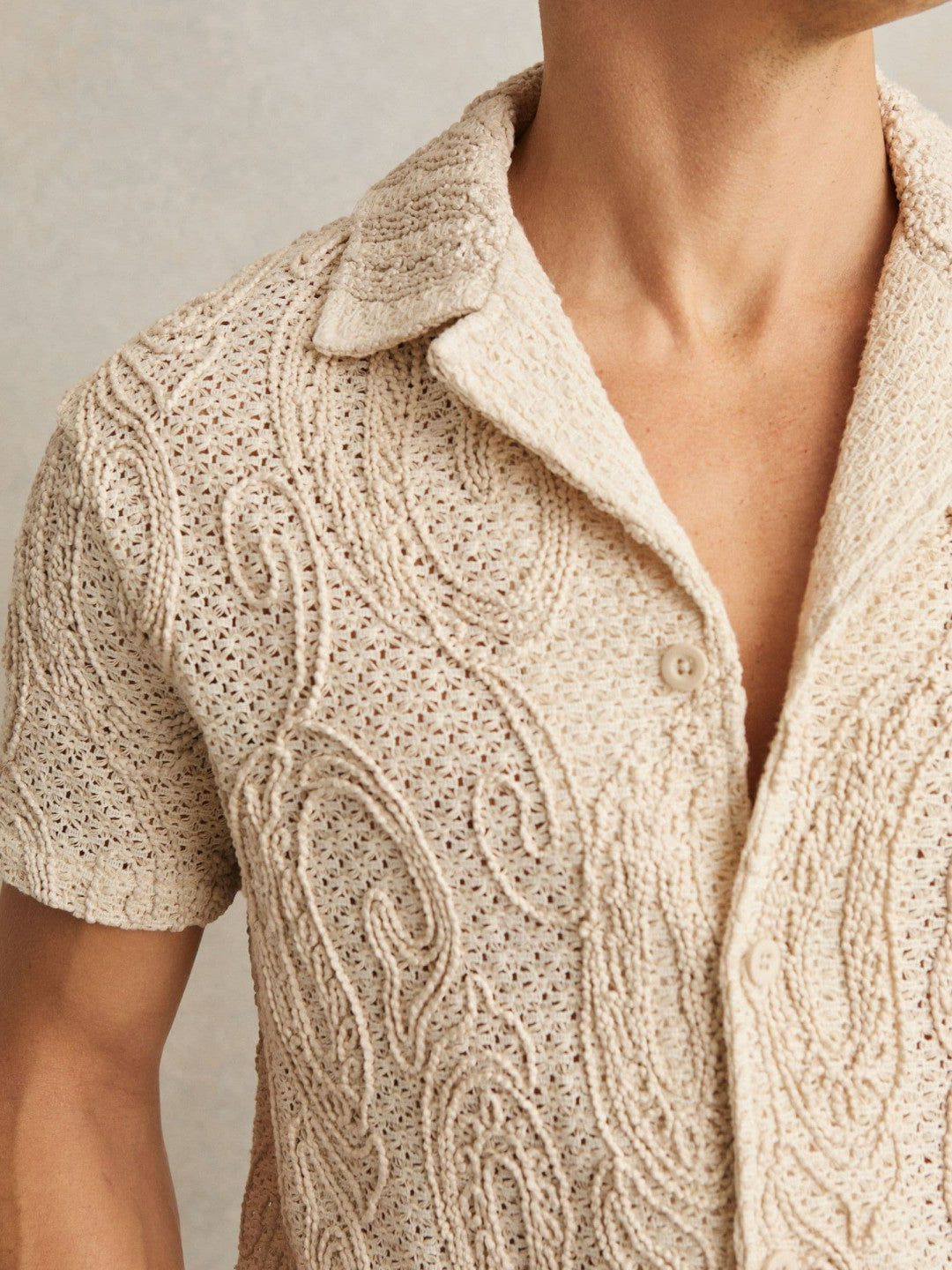 Reiss Cotton-Blend Embroidered Crochet Shirt in Oatmeal