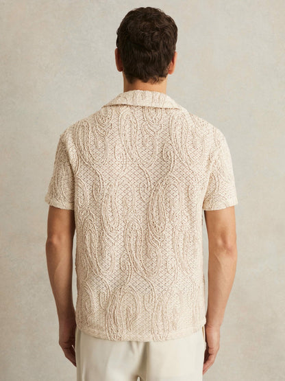 Reiss Cotton-Blend Embroidered Crochet Shirt in Oatmeal