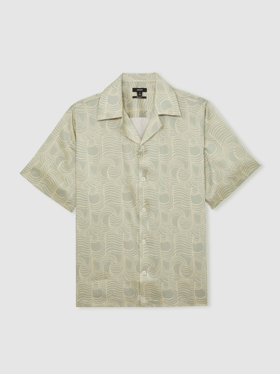 Reiss Wave Print Cuban Collar Shirt in Sage Green