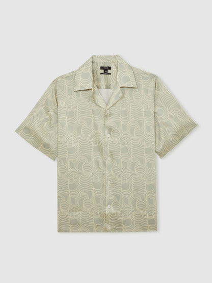 Reiss Wave Print Cuban Collar Shirt in Sage Green