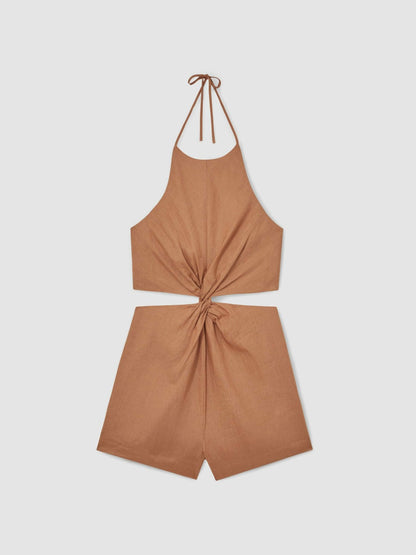 Reiss Linen Halterneck Cut Out Playsuit in Brown