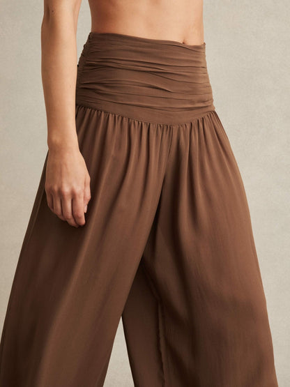 Reiss Lyocell Blend Wide Leg Trousers in Brown