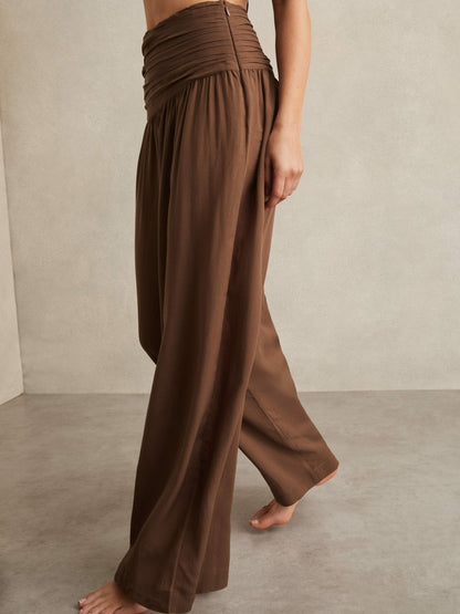 Reiss Lyocell Blend Wide Leg Trousers in Brown