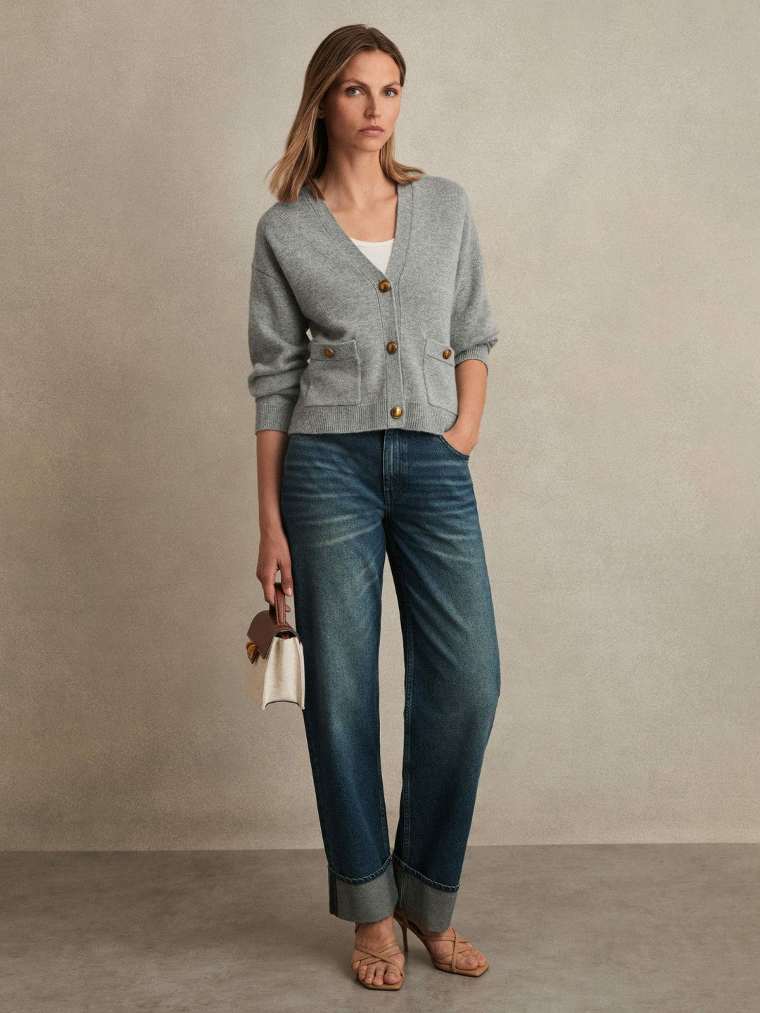 Reiss Wool-Cashmere Button Cardigan in Silver Grey