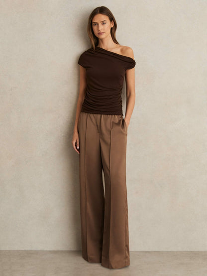 Reiss Satin Wide Leg Elastic Waist Trousers in Taupe Neutral