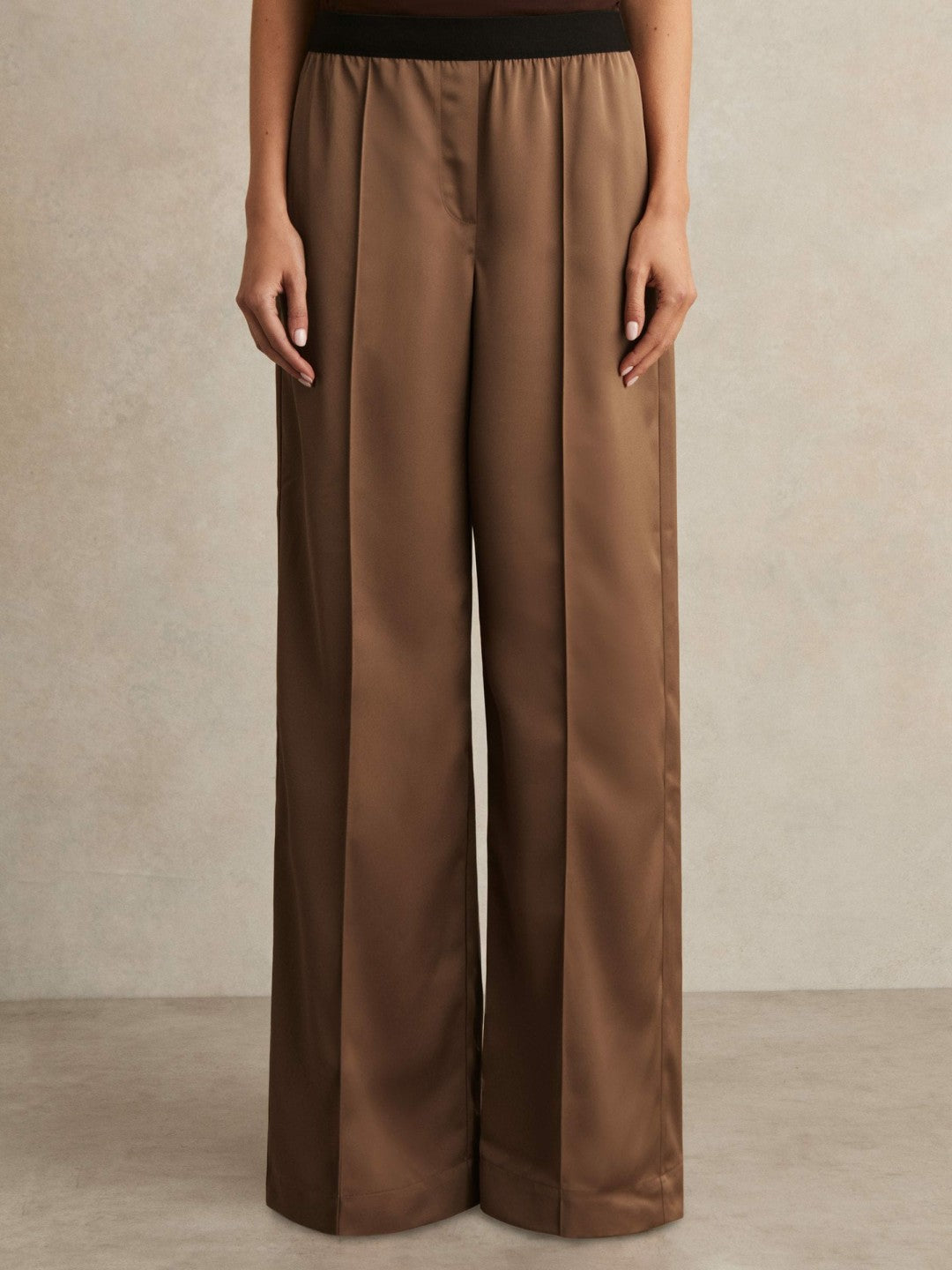 Reiss Satin Wide Leg Elastic Waist Trousers in Taupe Neutral