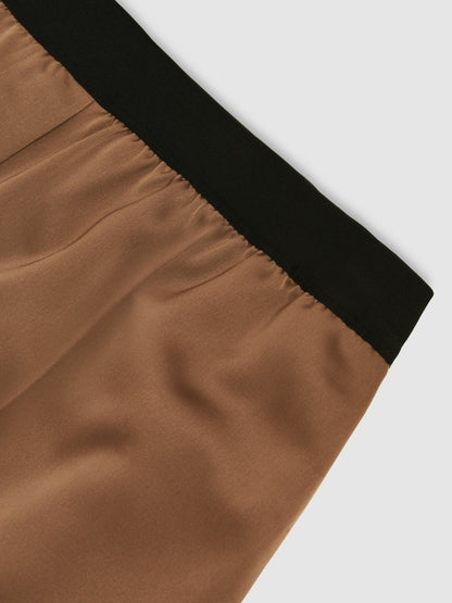 Reiss Satin Wide Leg Elastic Waist Trousers in Taupe Neutral