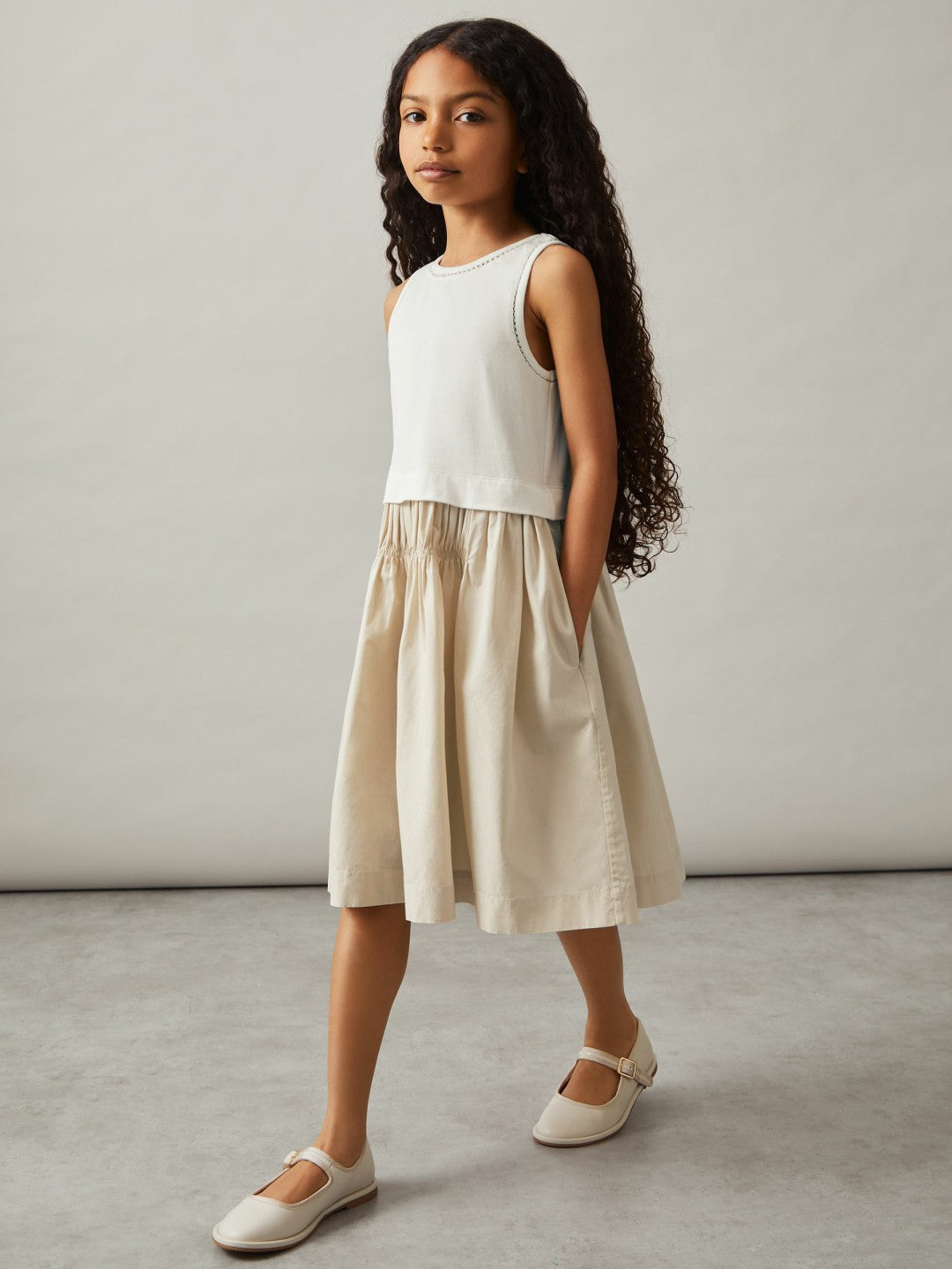 Reiss 3-9 yrs Cotton Layered Sleeveless Midi Dress in Neutral