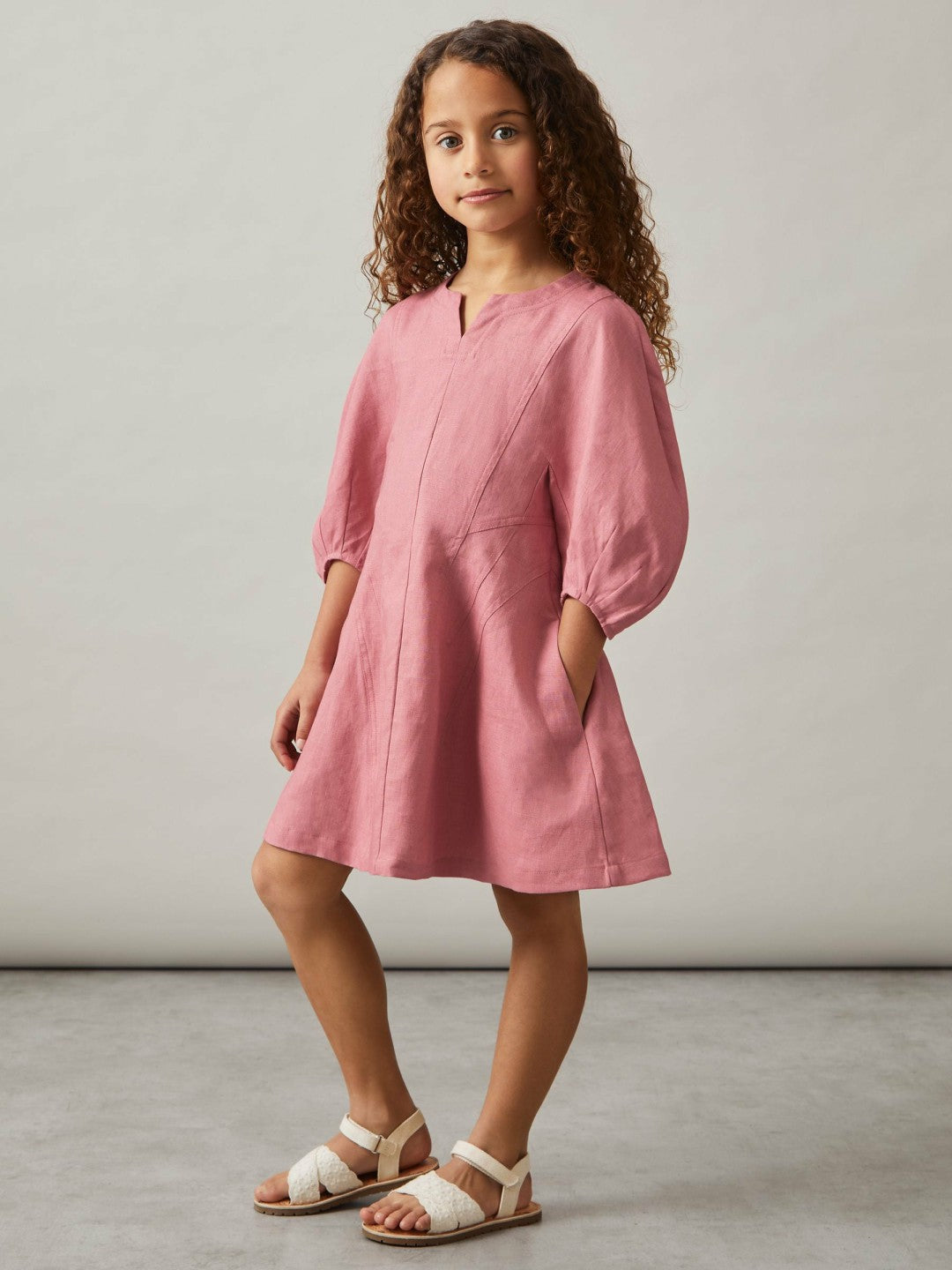 Reiss 13-14 yrs Linen Balloon-Sleeve Dress in Pink