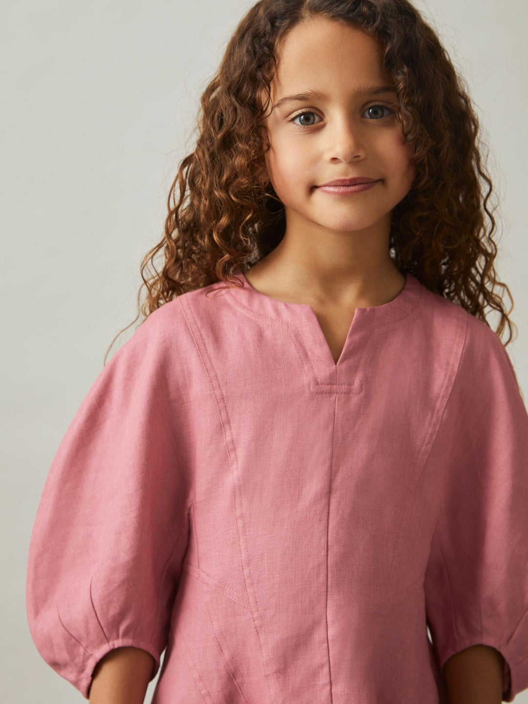 Reiss 13-14 yrs Linen Balloon-Sleeve Dress in Pink