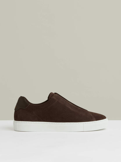 Reiss Suede Slip-On Elasticated Trainers in Chocolate Brown