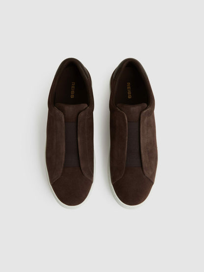 Reiss Suede Slip-On Elasticated Trainers in Chocolate Brown