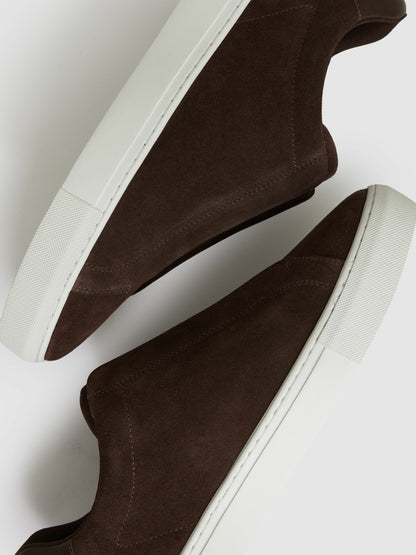 Reiss Suede Slip-On Elasticated Trainers in Chocolate Brown