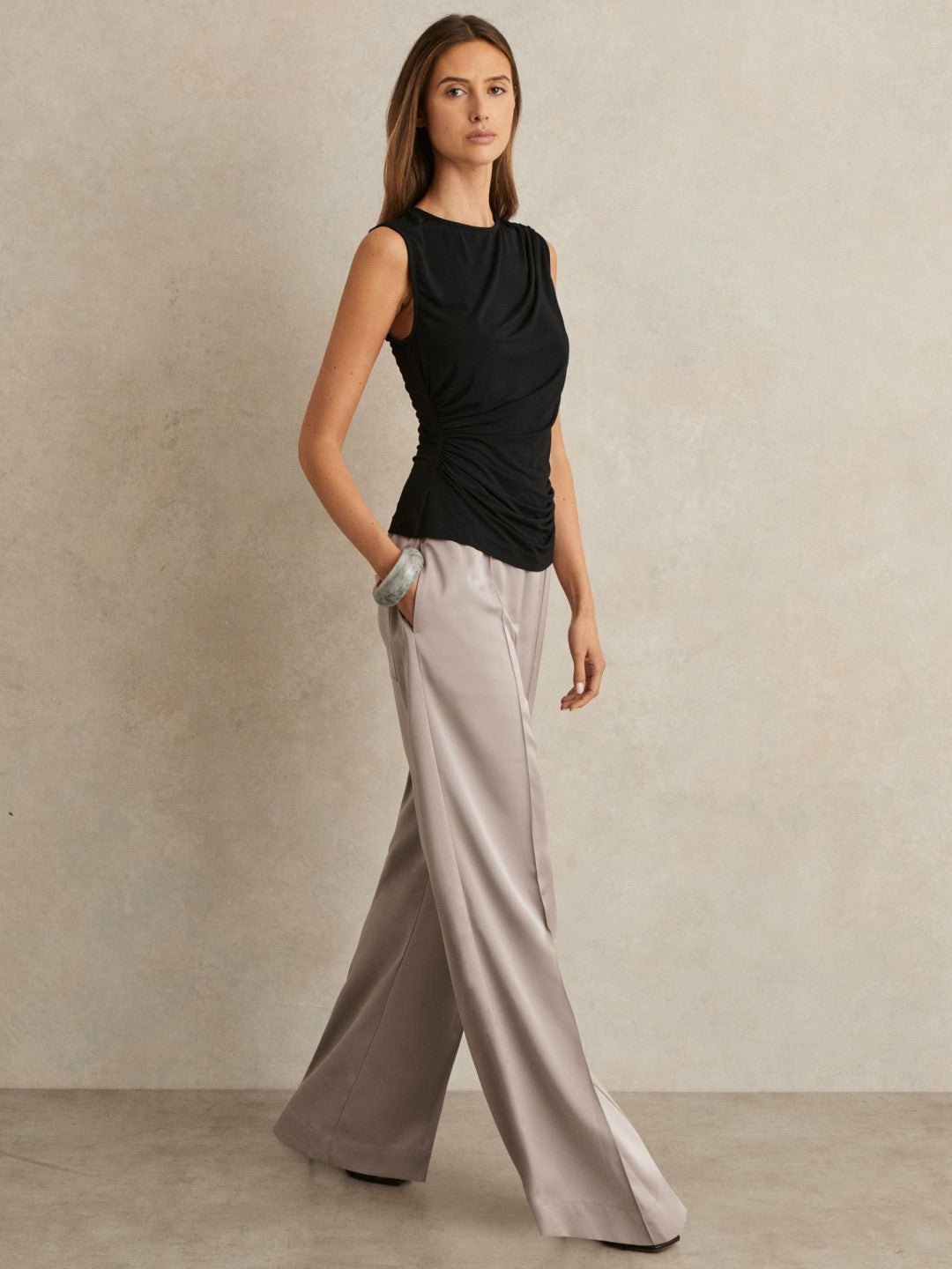Reiss Petite Satin Wide Leg Elastic Waist Trousers in Grey