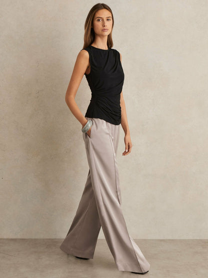 Reiss Petite Satin Wide Leg Elastic Waist Trousers in Grey