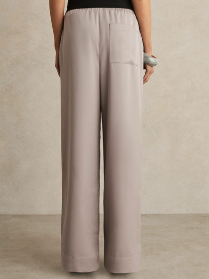 Reiss Petite Satin Wide Leg Elastic Waist Trousers in Grey