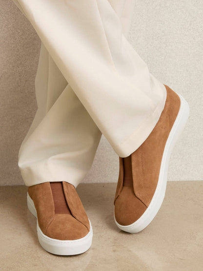 Reiss Suede Slip-On Elasticated Trainers in Tan Brown