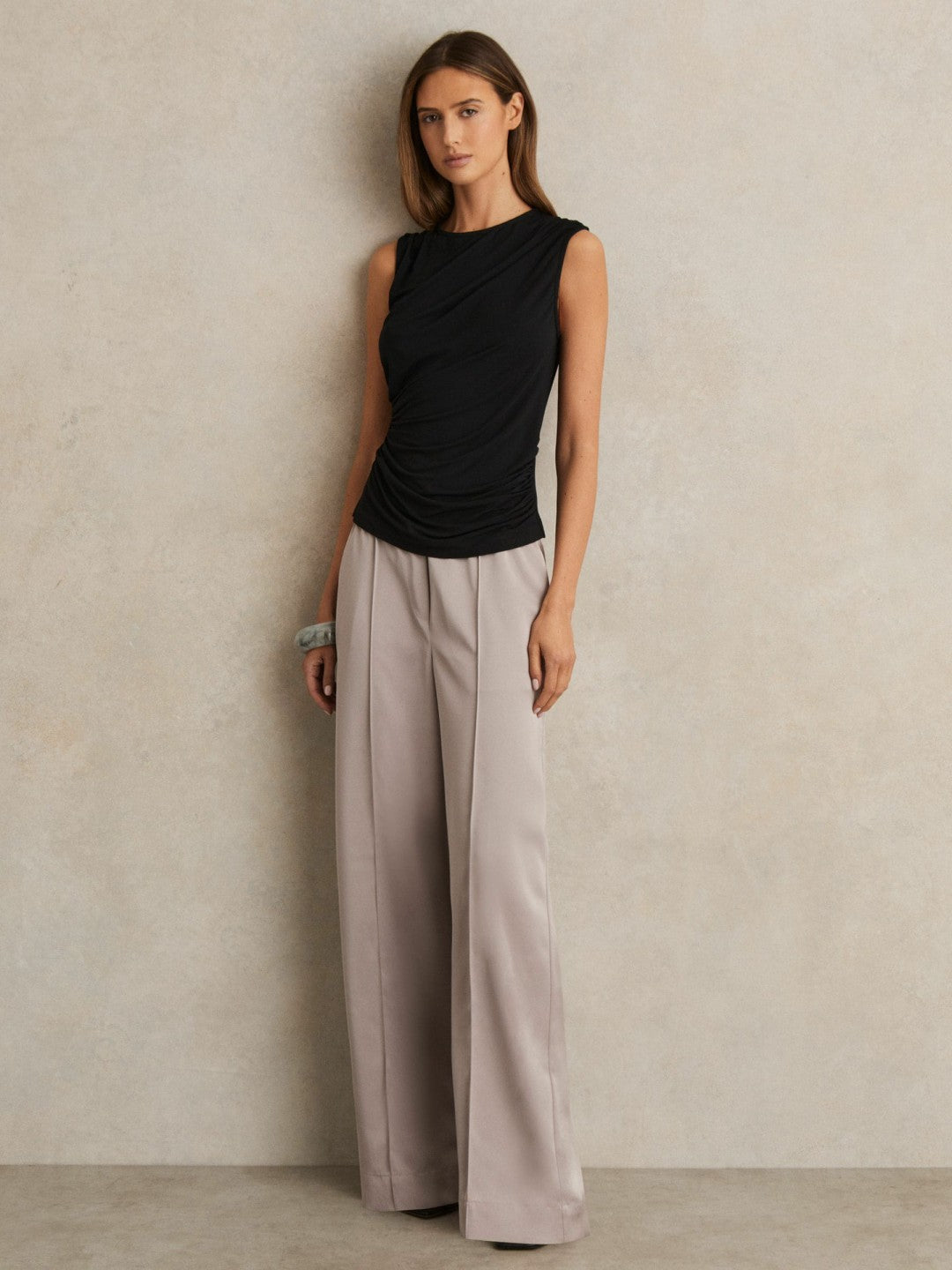 Reiss Satin Wide Leg Elastic Waist Trousers in Grey