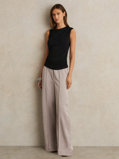 Reiss Satin Wide Leg Elastic Waist Trousers in Grey