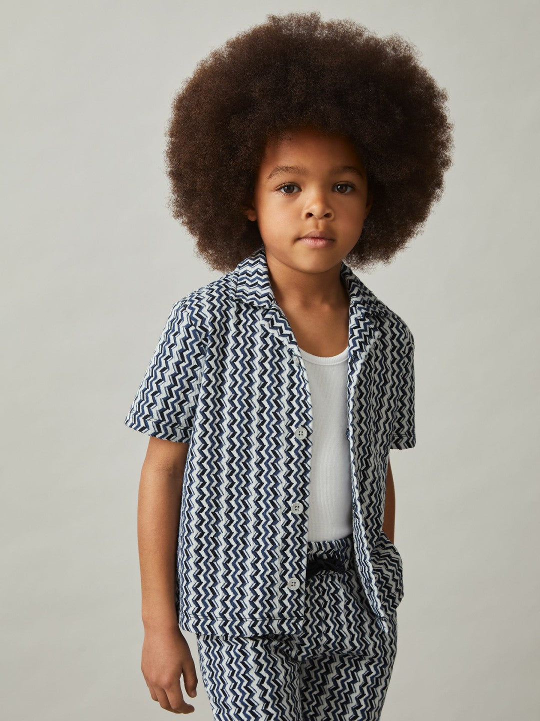 Reiss 3-9 yrs Zig-Zag Knit Cuban-Collar Shirt in Blue