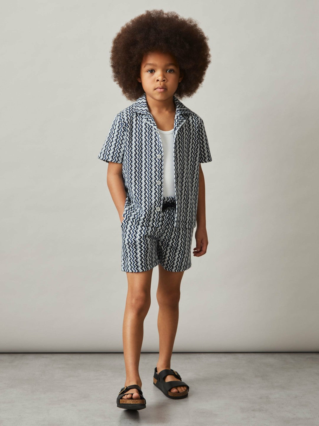 Reiss 3-9 yrs Zig-Zag Knit Cuban-Collar Shirt in Blue