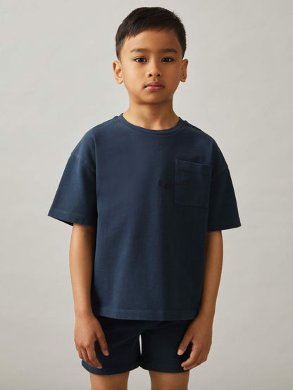 Reiss 13-14 yrs Cotton Palm-Embroidery Oversize T-Shirt in Washed Navy