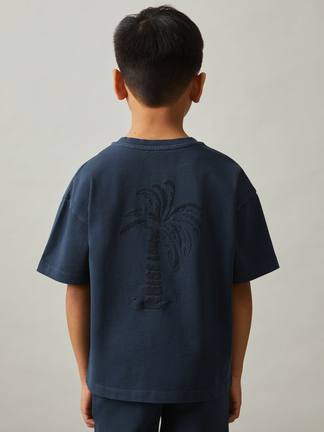 Reiss 13-14 yrs Cotton Palm-Embroidery Oversize T-Shirt in Washed Navy