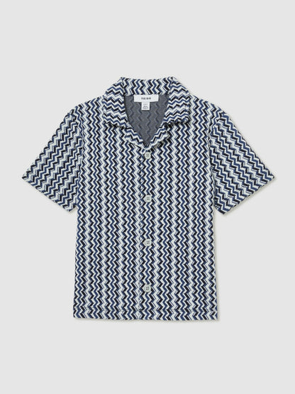Reiss 9-13 yrs Zig-Zag Knit Cuban-Collar Shirt in Blue