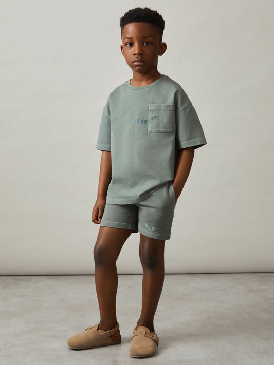 Reiss 3-9 yrs Cotton Palm-Embroidery Oversize T-Shirt in Washed Sage
