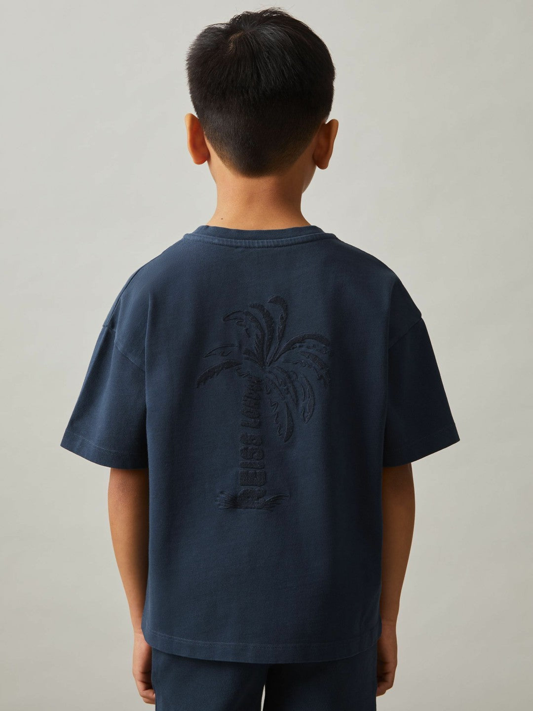 Reiss 3-9 yrs Cotton Palm-Embroidery Oversize T-Shirt in Washed Navy