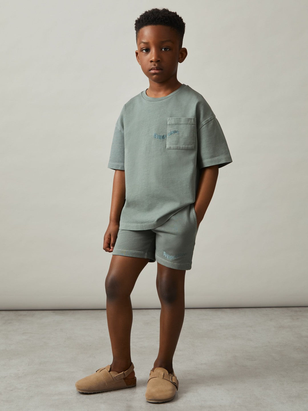 Reiss 13-14 yrs Cotton Palm-Embroidery Oversize T-Shirt in Washed Sage