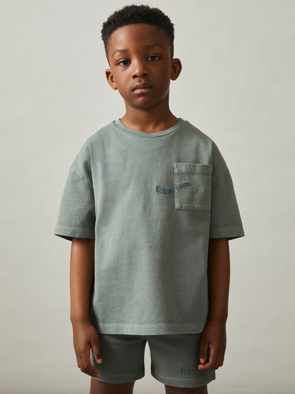 Reiss 13-14 yrs Cotton Palm-Embroidery Oversize T-Shirt in Washed Sage