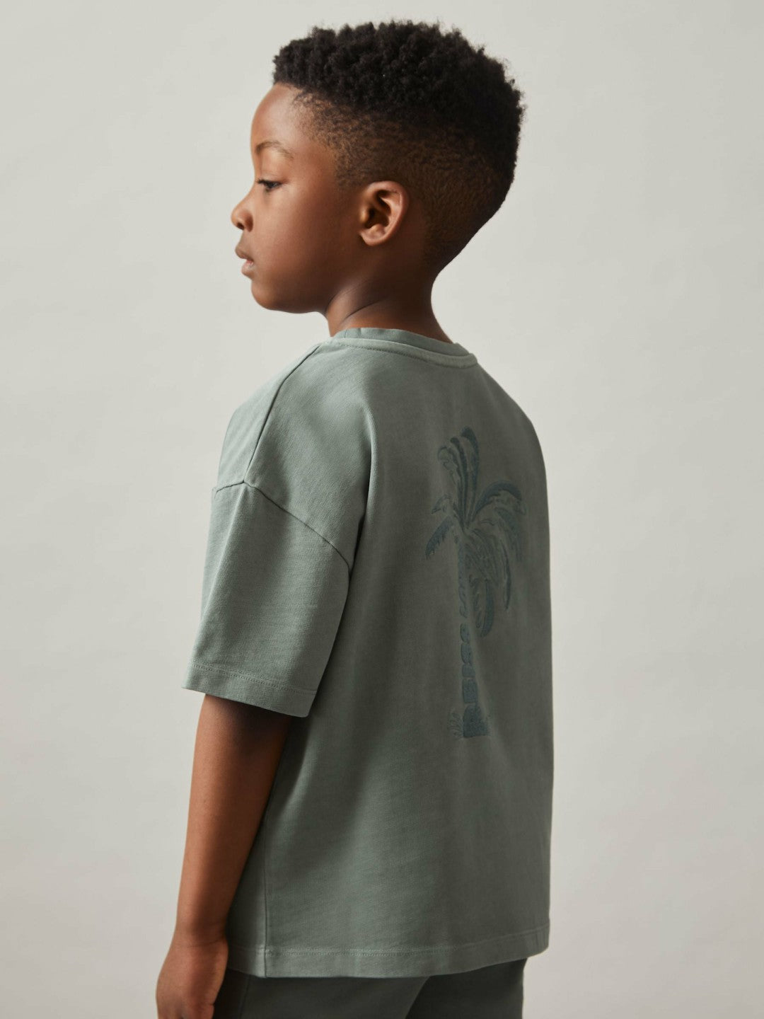 Reiss 13-14 yrs Cotton Palm-Embroidery Oversize T-Shirt in Washed Sage