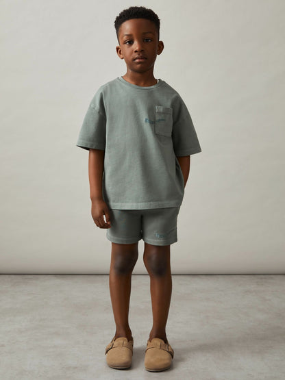Reiss 3-9 yrs Cotton Brand-Embroidered Shorts in Washed Sage