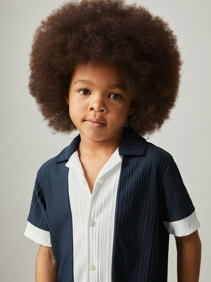 Reiss 9-13 yrs Plissé Colour-Block Shirt in Navy/White