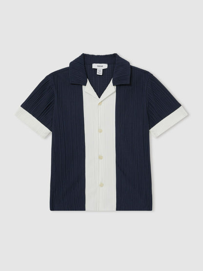 Reiss 9-13 yrs Plissé Colour-Block Shirt in Navy/White