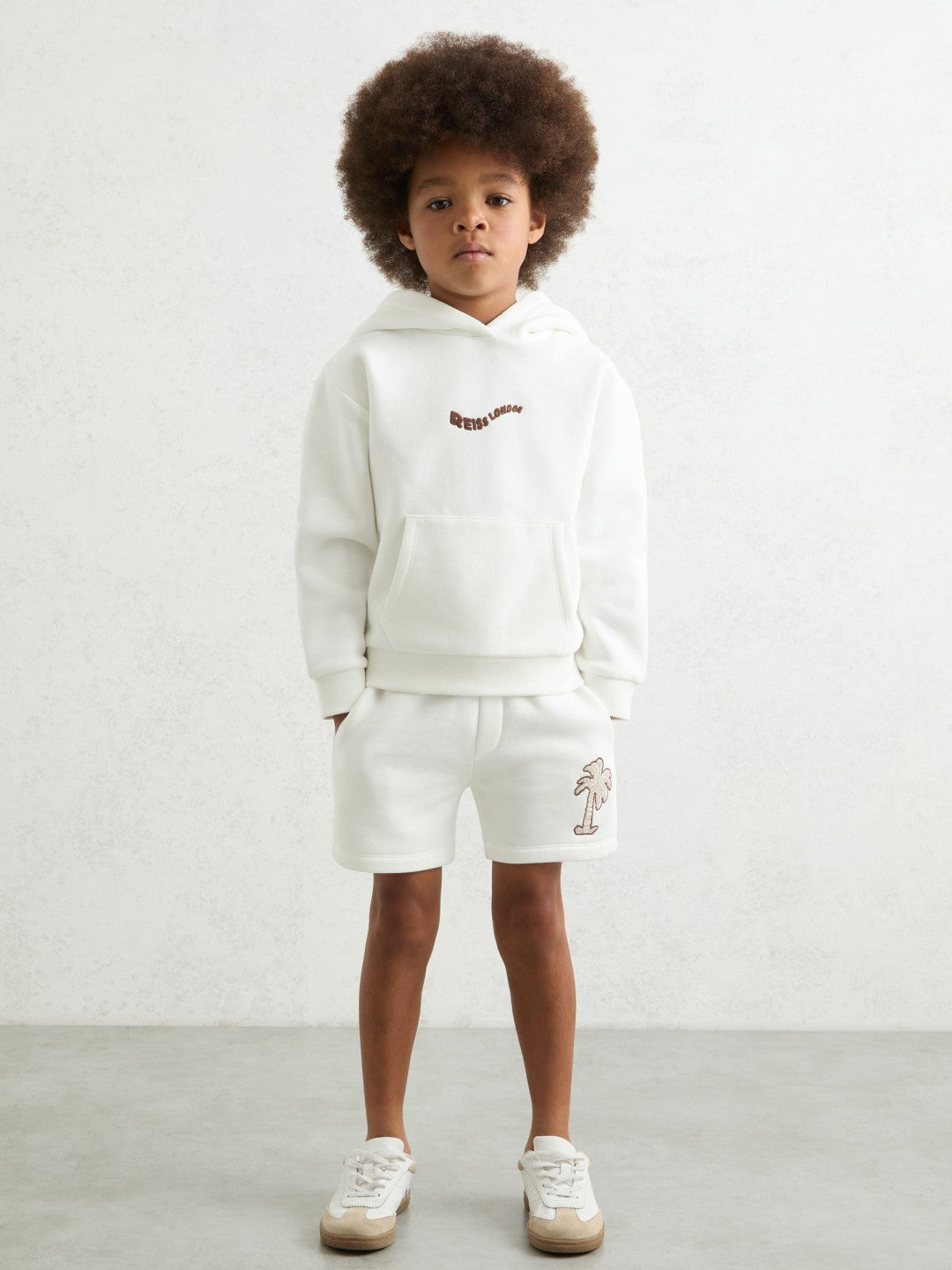 Reiss 9-13 yrs Cotton Blend Palm Embroidered Shorts in Off White