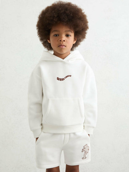 Reiss 3-9 yrs Cotton-Blend Palm-Embroidered Hoodie in Off White