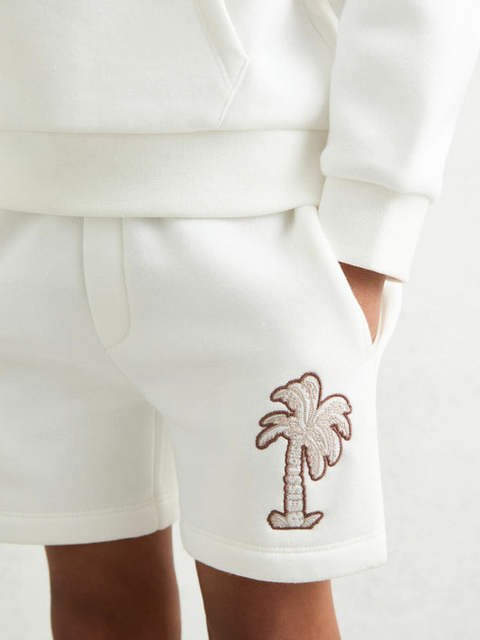 Reiss 3-9 yrs Cotton Blend Palm Embroidered Shorts in Off White
