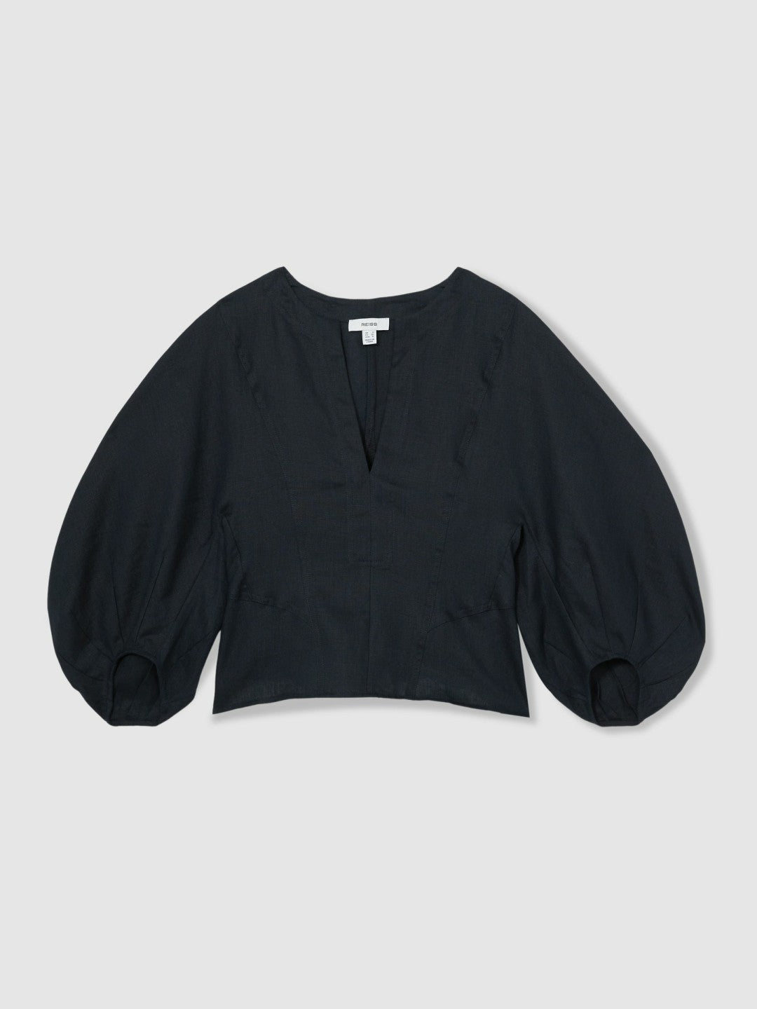 Reiss Linen Balloon-Sleeve Top in Navy