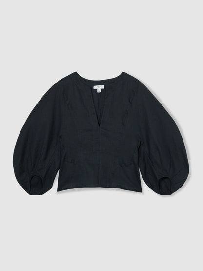 Reiss Linen Balloon-Sleeve Top in Navy