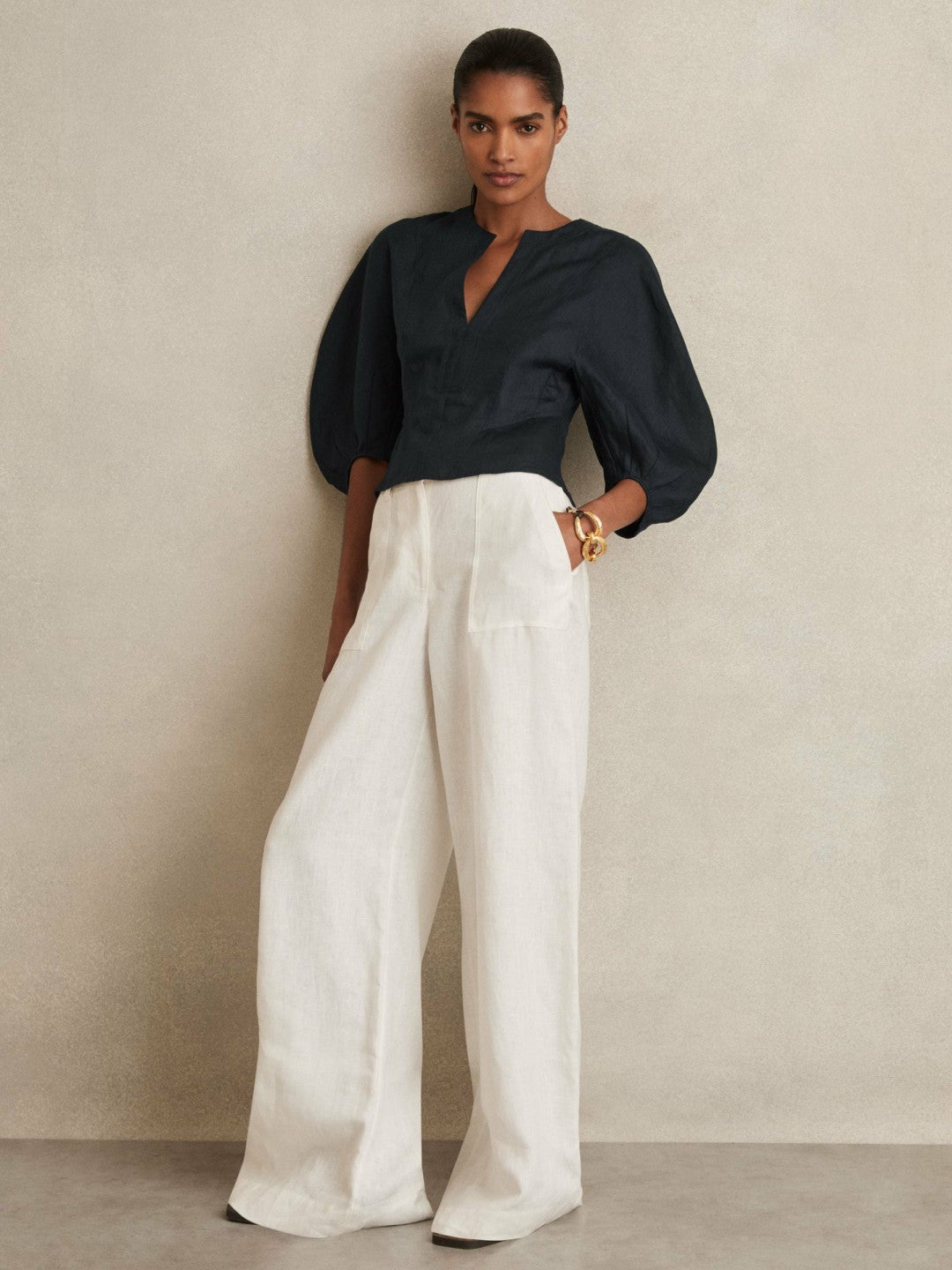 Reiss Linen Balloon-Sleeve Top in Navy