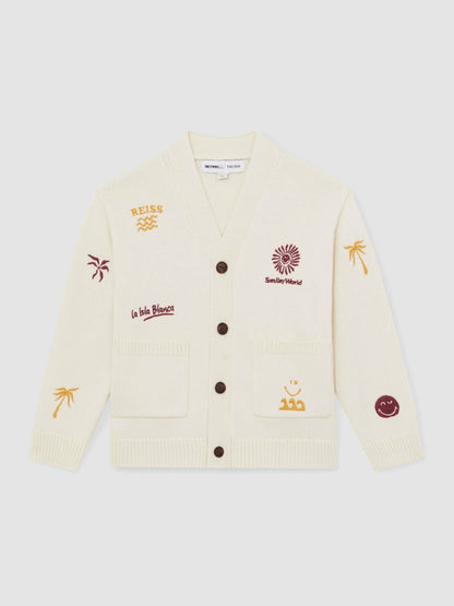 Reiss 4-9 yrs SmileyWorld Embroidery Cardigan Unisex Fit in Off White