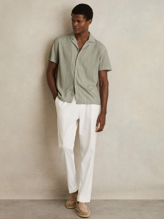 Reiss Textured Stripe Cuban Collar Shirt in Sage/White