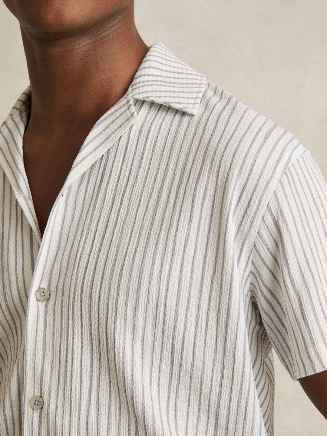 Reiss Textured Stripe Cuban Collar Shirt in White/Soft Blue