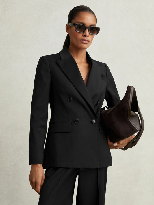 Reiss Wool Blend Double Breasted Suit Blazer in Black