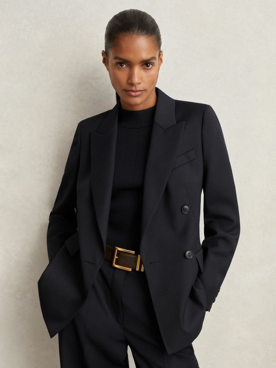 Reiss Petite Wool Blend Double Breasted Suit Blazer in Navy