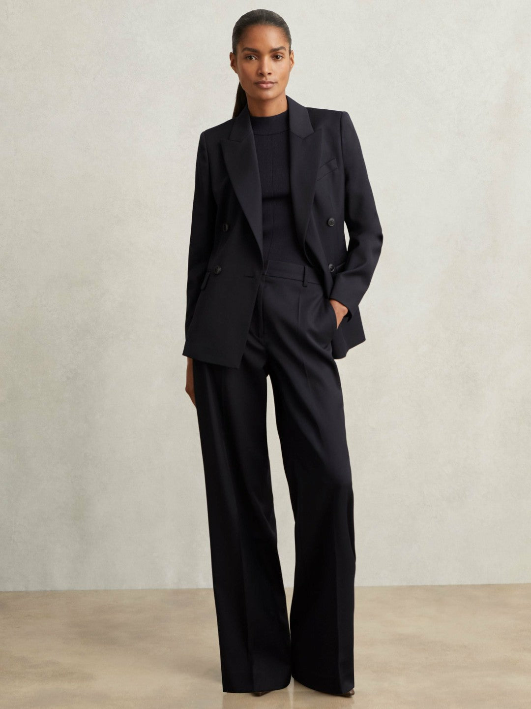 Reiss Petite Wool-Blend Wide-Leg Suit Trousers in Navy